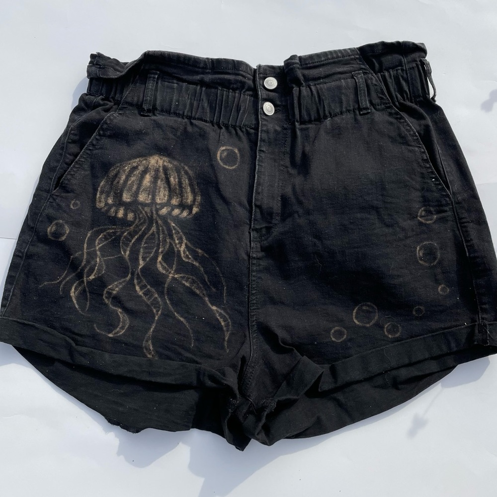 Hand Painted/ bleach painted Jellyfish black shorts